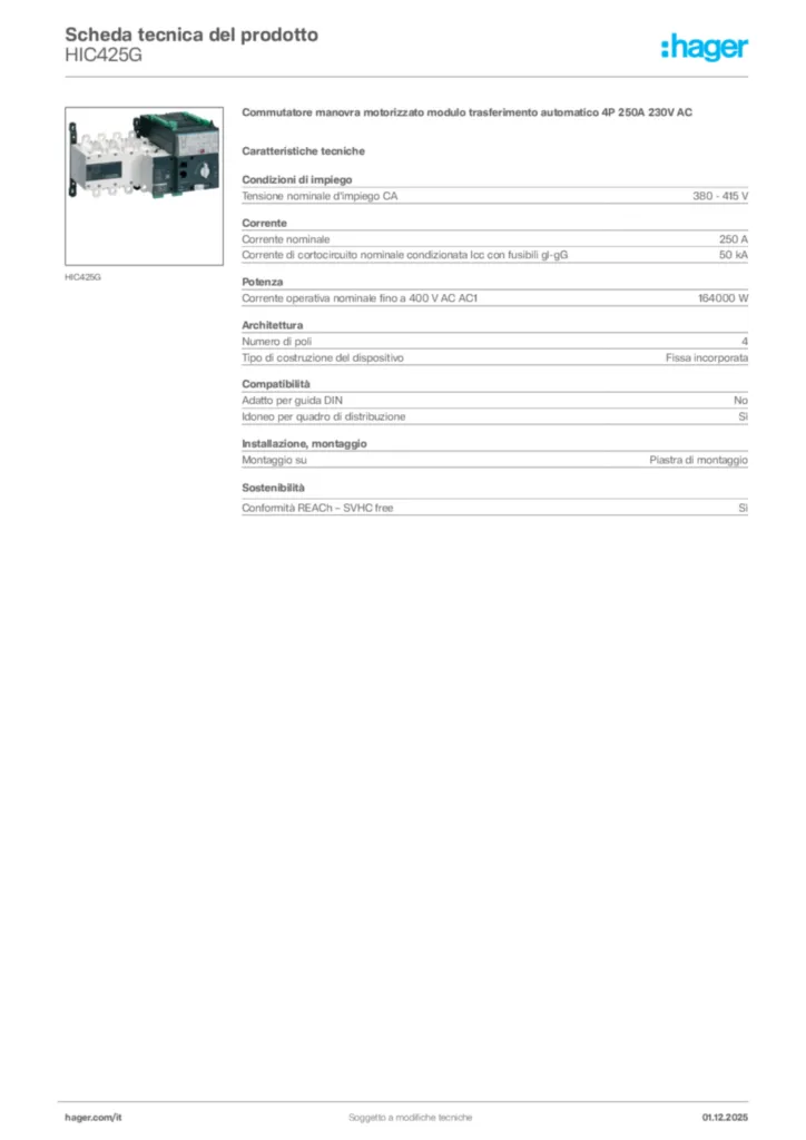 Immagine Hager Scheda tecnica del prodotto HIC425G | Hager Italia