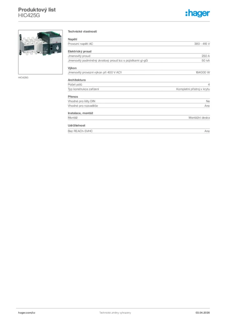Obrázek Hager Product data sheet HIC425G | Hager