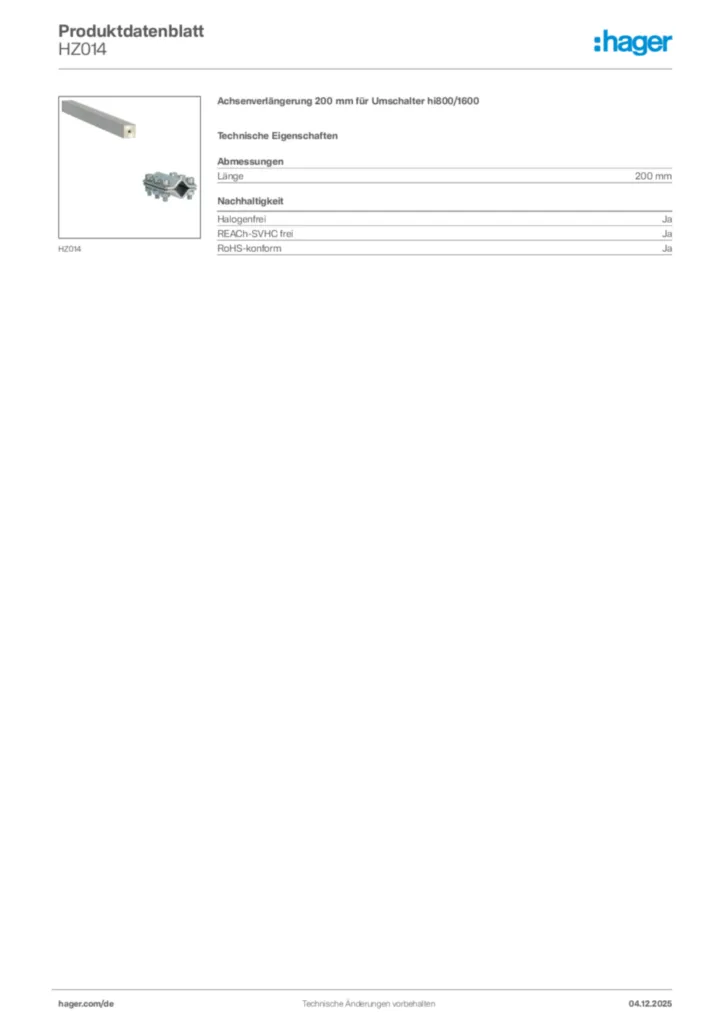 Bild Hager Produktdatenblatt HZ014 | Hager Deutschland