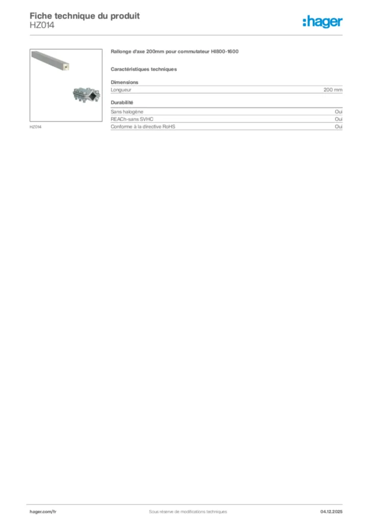 Image Hager Fiche technique du produit HZ014 | Hager France