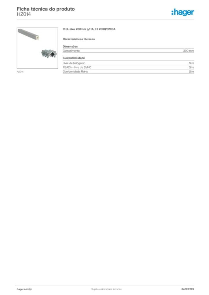Imagem Hager Ficha técnica do produto HZ014 | Hager Portugal
