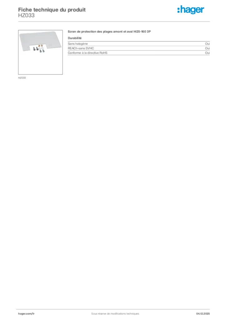 Image Hager Fiche technique du produit HZ033 | Hager France