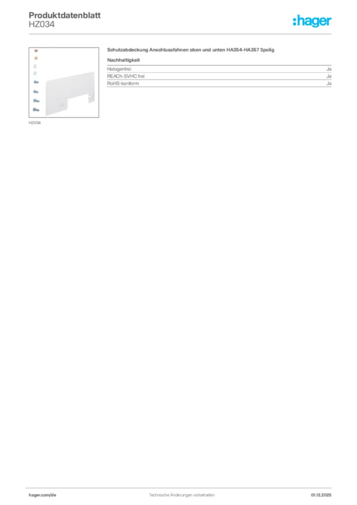 Bild Hager Produktdatenblatt HZ034 | Hager Deutschland