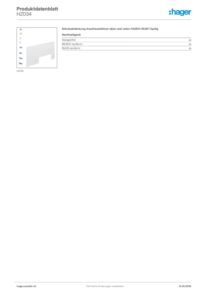 Bild Hager Produktdatenblatt HZ034 | Hager Schweiz
