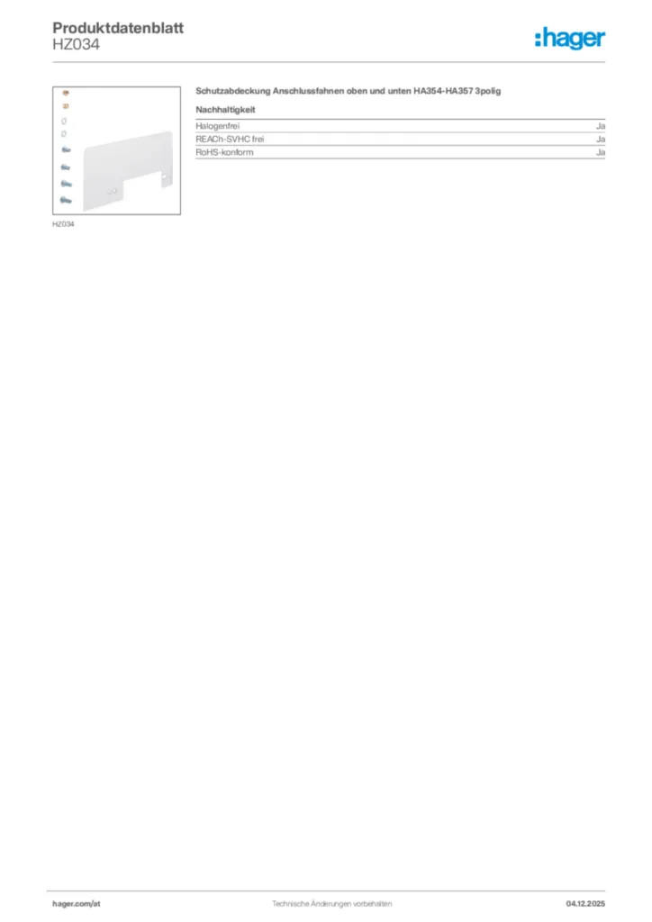 Bild Hager Produktdatenblatt HZ034 | Hager Deutschland