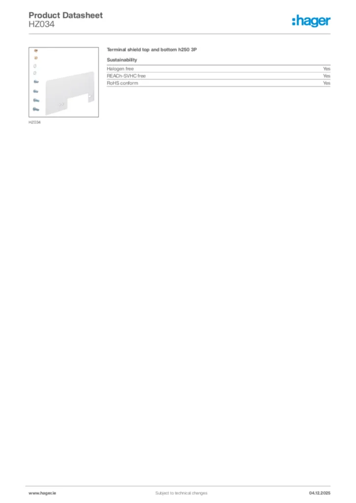 Image Hager Product data sheet HZ034  | Hager