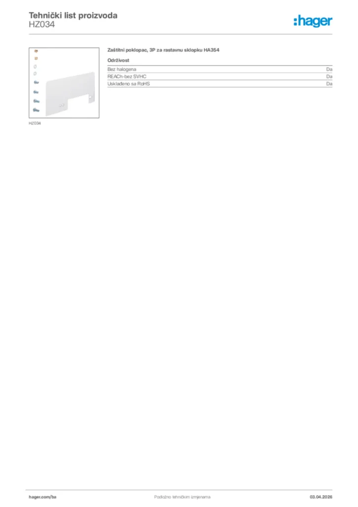 Slika Hager Tehnički list proizvoda HZ034  | Hager