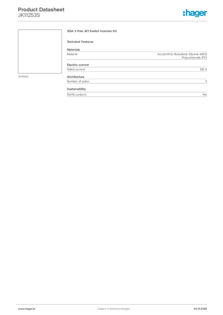 Image Hager Product data sheet JK11253S  | Hager