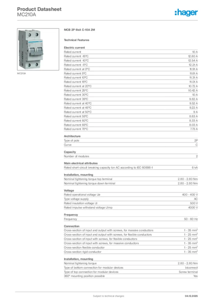 Image Hager Product data sheet MC210A  | Hager Africa