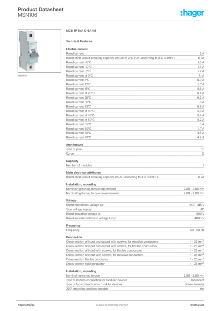 Image Hager Product data sheet MSN106  | Hager Australia