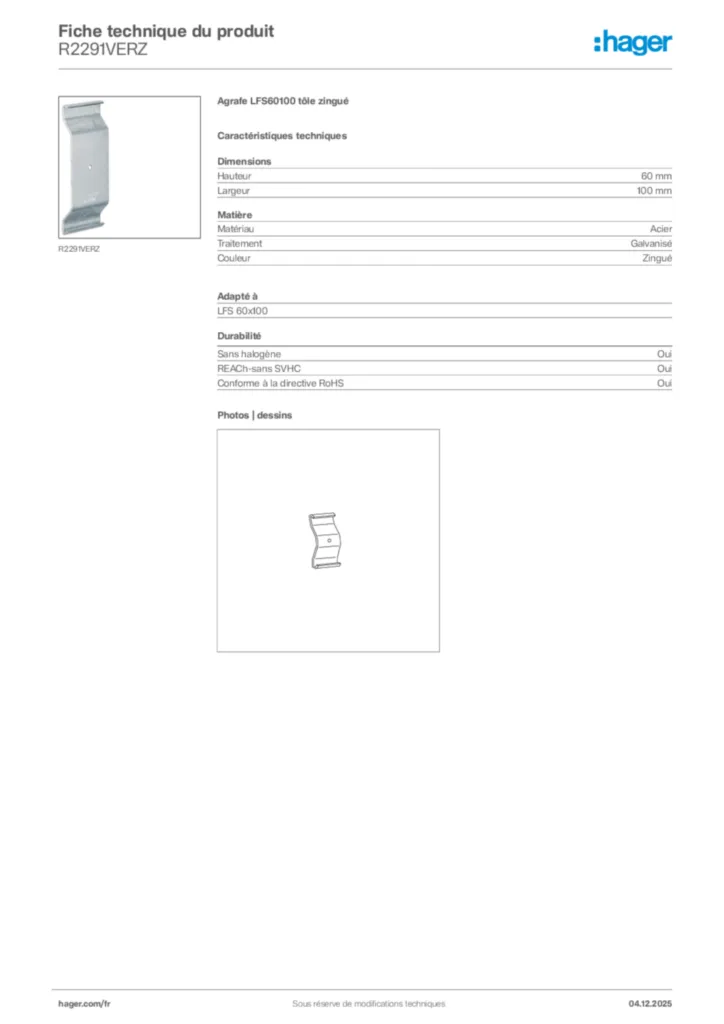 Image Hager Fiche technique du produit R2291VERZ | Hager France