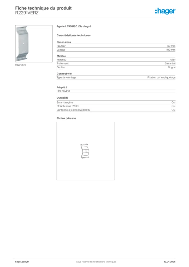 Image Hager Fiche technique du produit R2291VERZ | Hager France
