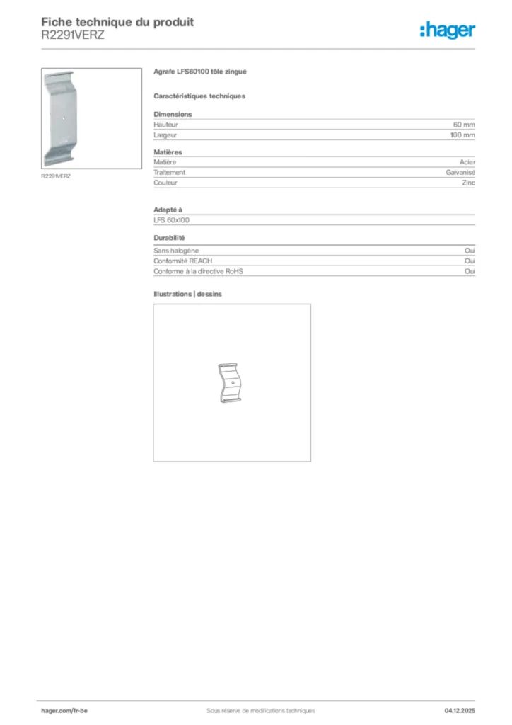 Image Hager Fiche technique du produit R2291VERZ | Hager Belgique