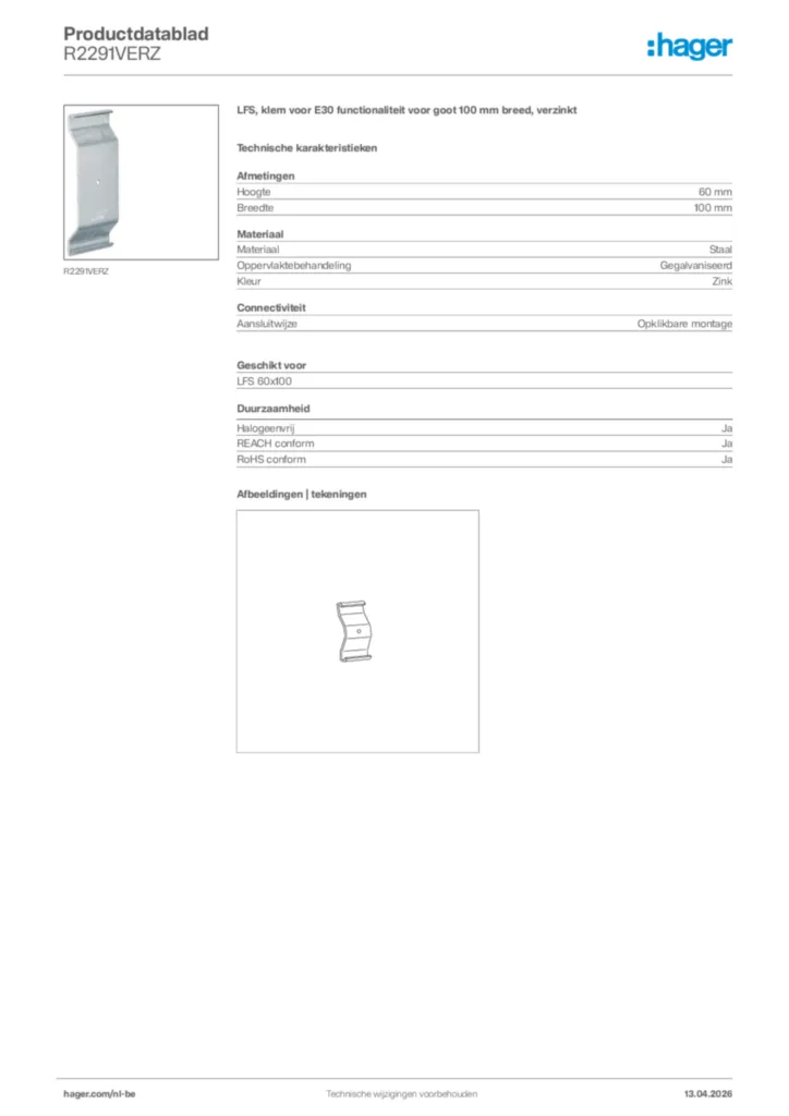 Afbeelding Hager Productdatablad R2291VERZ | Hager Belgium