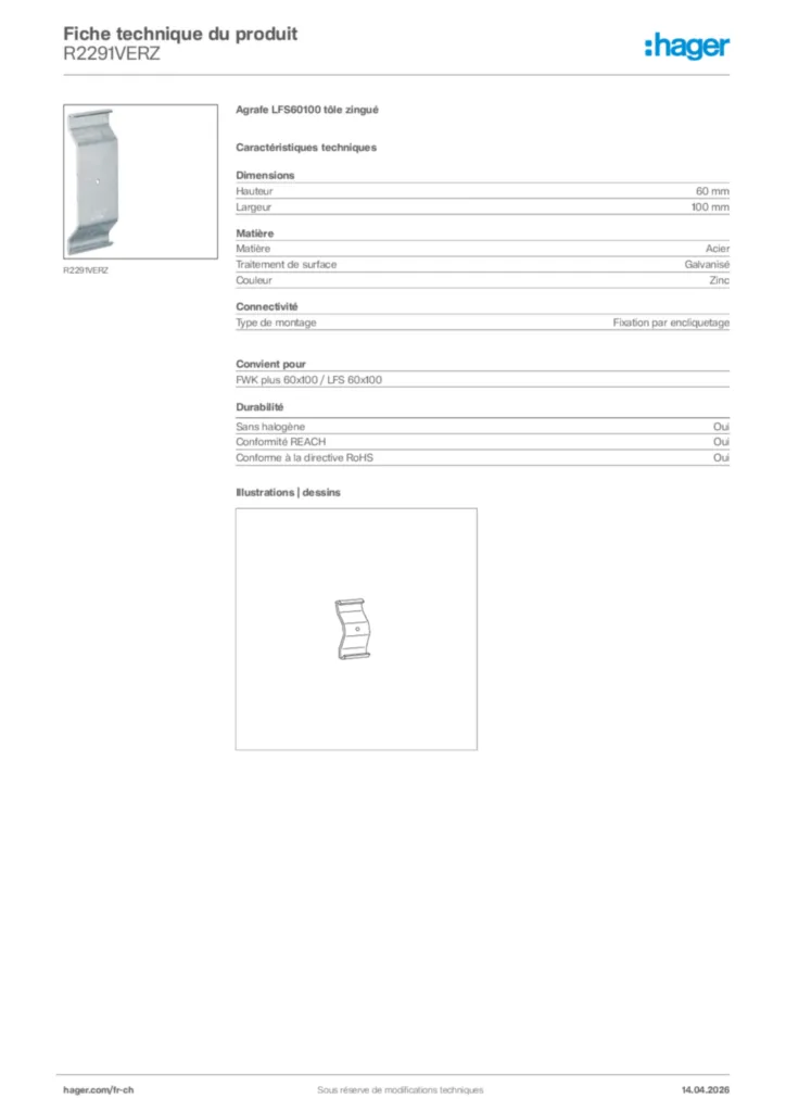 Image Hager Fiche technique du produit R2291VERZ | Hager Suisse