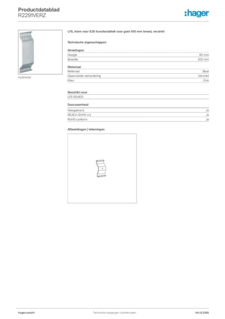 Afbeelding Hager Productdatablad R2291VERZ | Hager Nederland