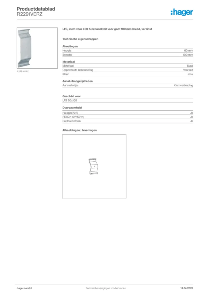 Afbeelding Hager Productdatablad R2291VERZ | Hager Nederland