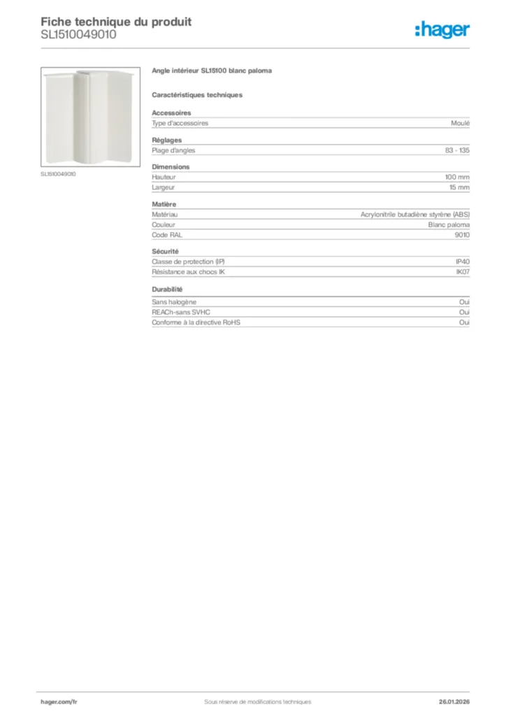 Image Hager Fiche technique du produit SL1510049010 | Hager France