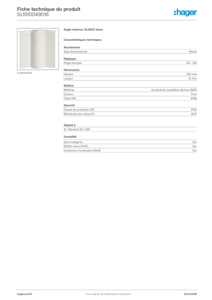 Image Hager Fiche technique du produit SL1510049016 | Hager France