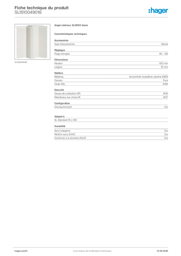 Image Hager Fiche technique du produit SL1510049016 | Hager France