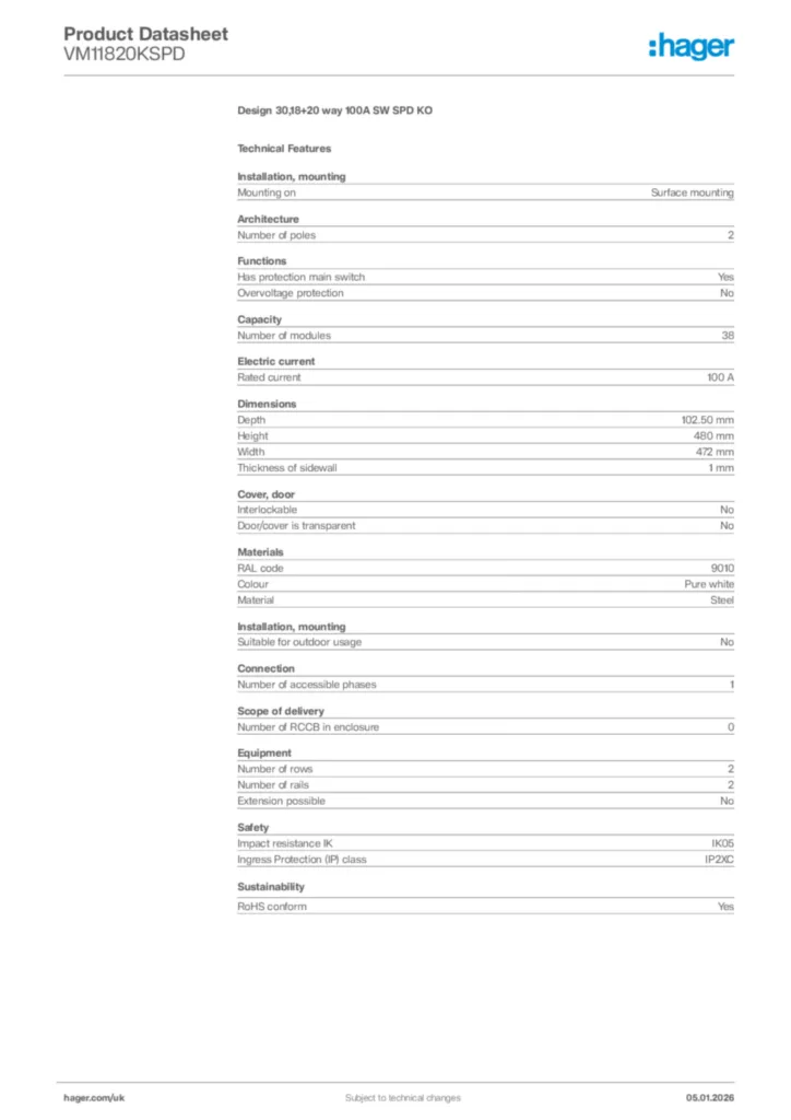 Image Hager Product data sheet VM11820KSPD  | Hager