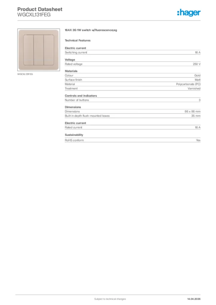 Image Hager Product data sheet WGCXL131FEG  | Hager Africa