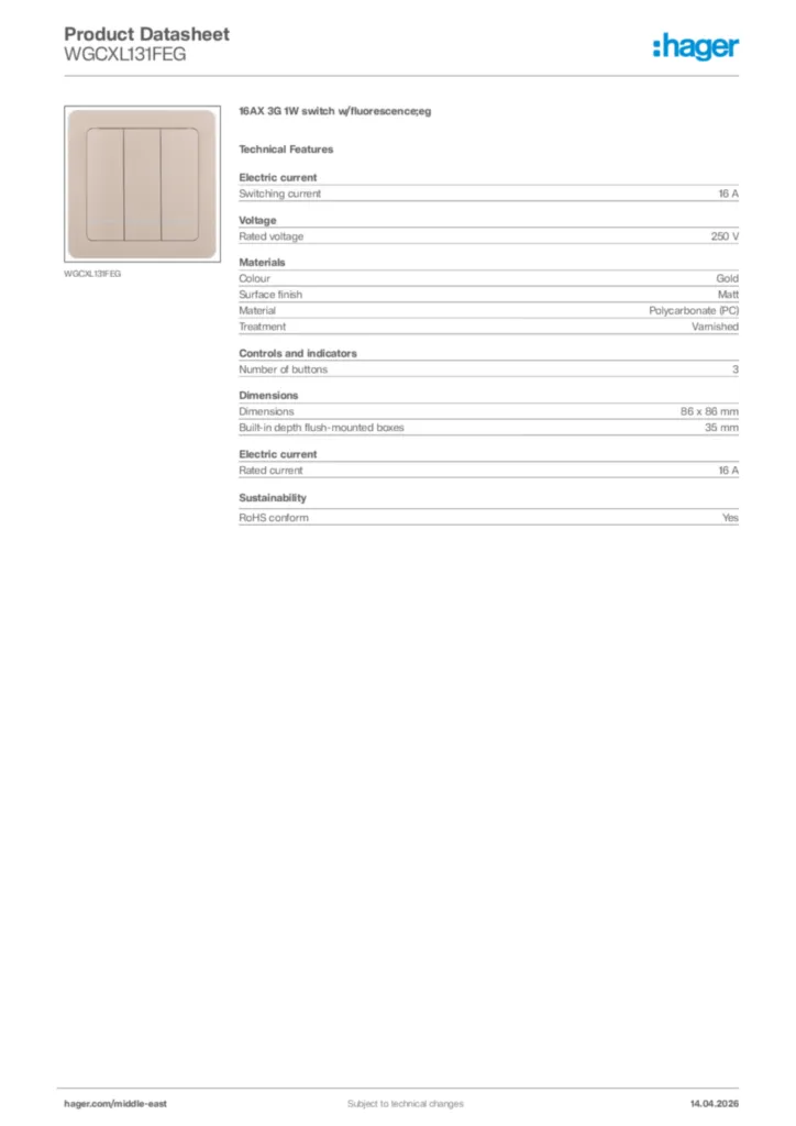 Image Hager Product data sheet WGCXL131FEG  | Hager