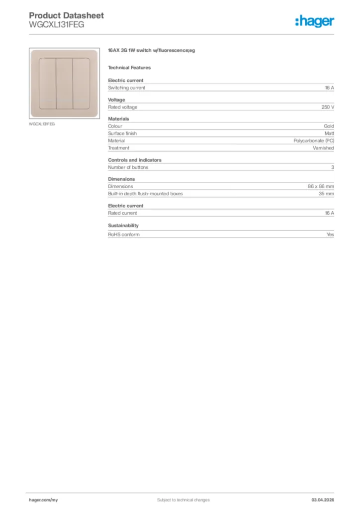 Image Hager Product data sheet WGCXL131FEG  | Hager