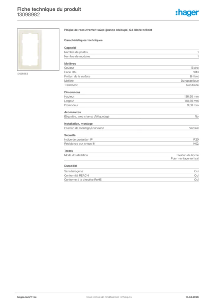 Image Hager Fiche technique du produit 13098982 | Hager Belgique