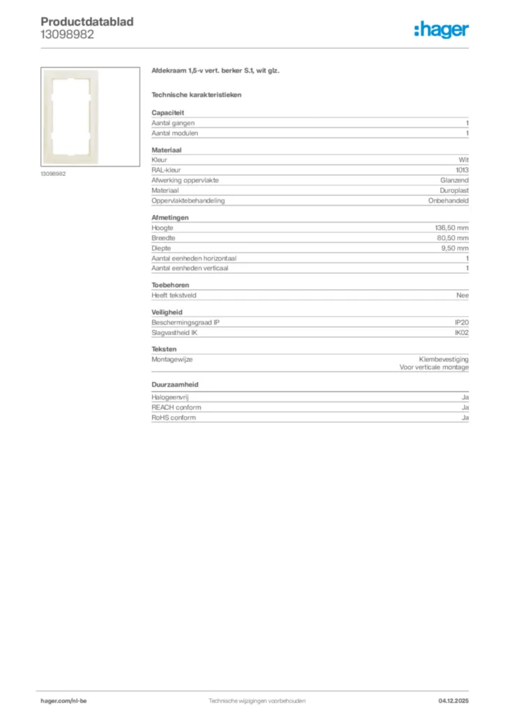 Afbeelding Hager Productdatablad 13098982 | Hager Belgium