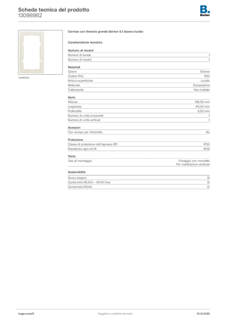 Immagine Berker Scheda tecnica del prodotto 13098982 | Hager Italia