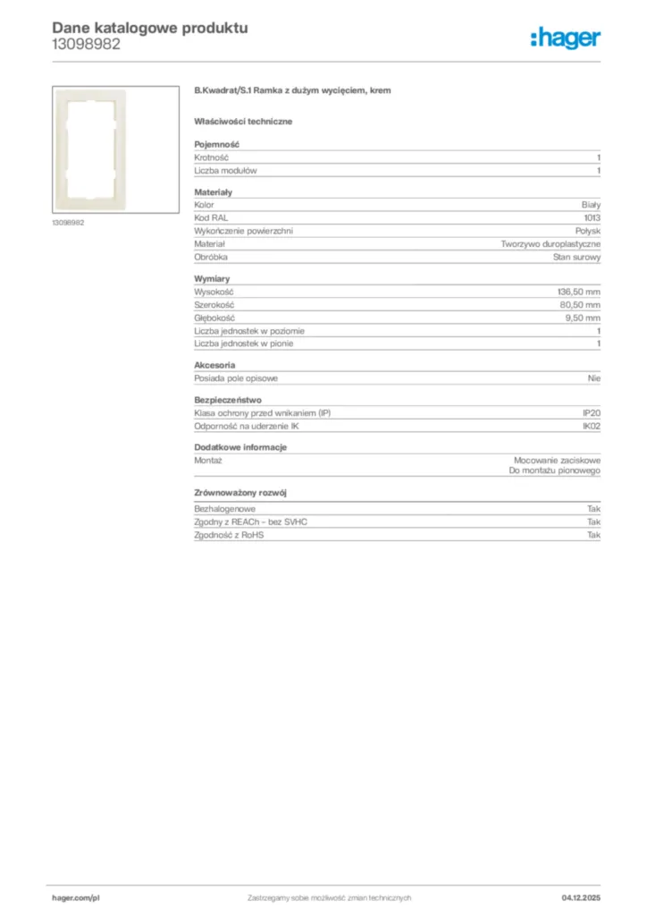 Zdjęcie Hager Karta katalogowa 13098982 | Hager Polska