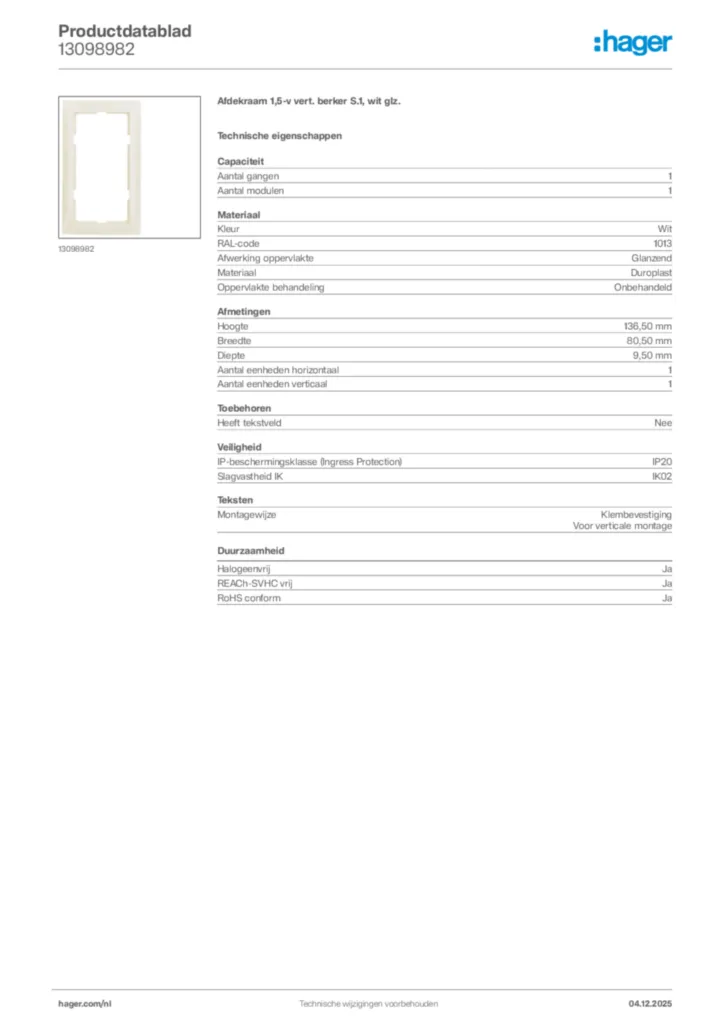 Afbeelding Hager Productdatablad 13098982 | Hager Nederland