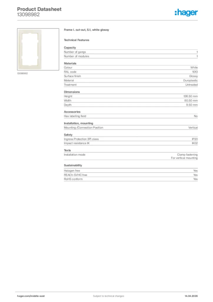 Image Hager Product data sheet 13098982  | Hager