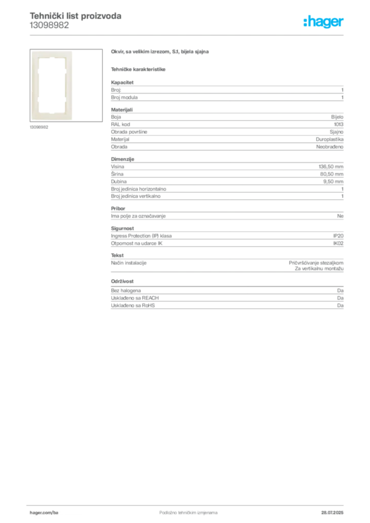 Slika Hager Product data sheet 13098982  | Hager