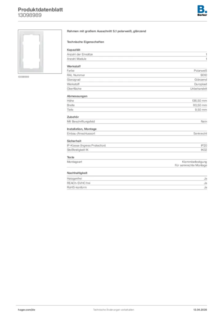 Bild Berker Produktdatenblatt 13098989 | Hager Deutschland