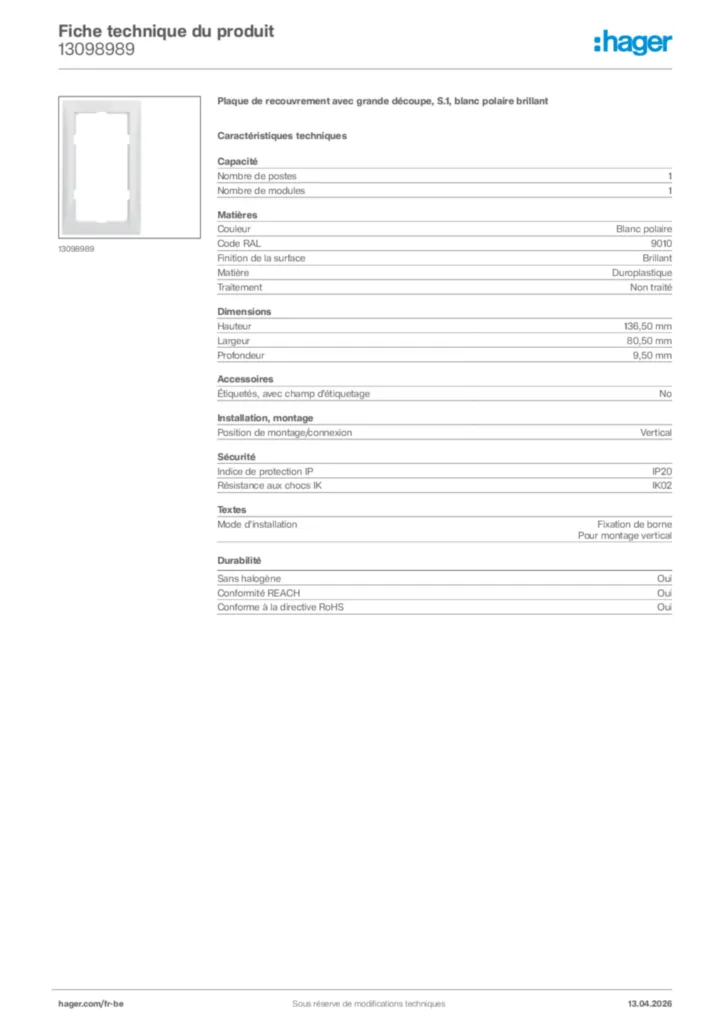 Image Hager Fiche technique du produit 13098989 | Hager Belgique