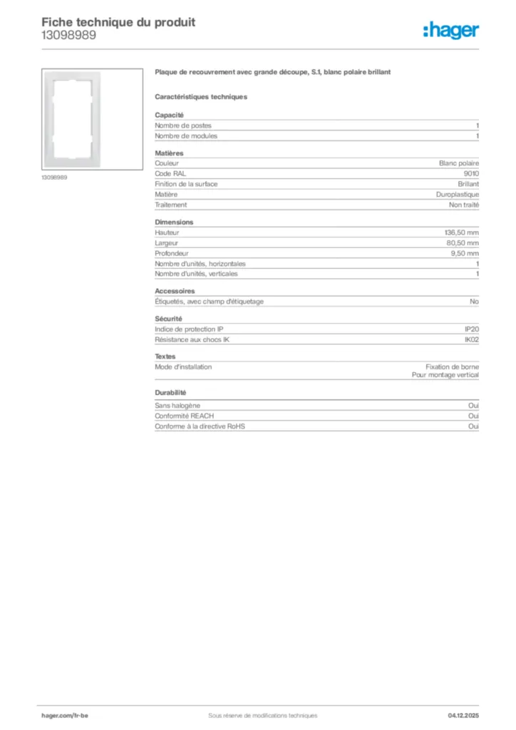 Image Hager Fiche technique du produit 13098989 | Hager Belgique