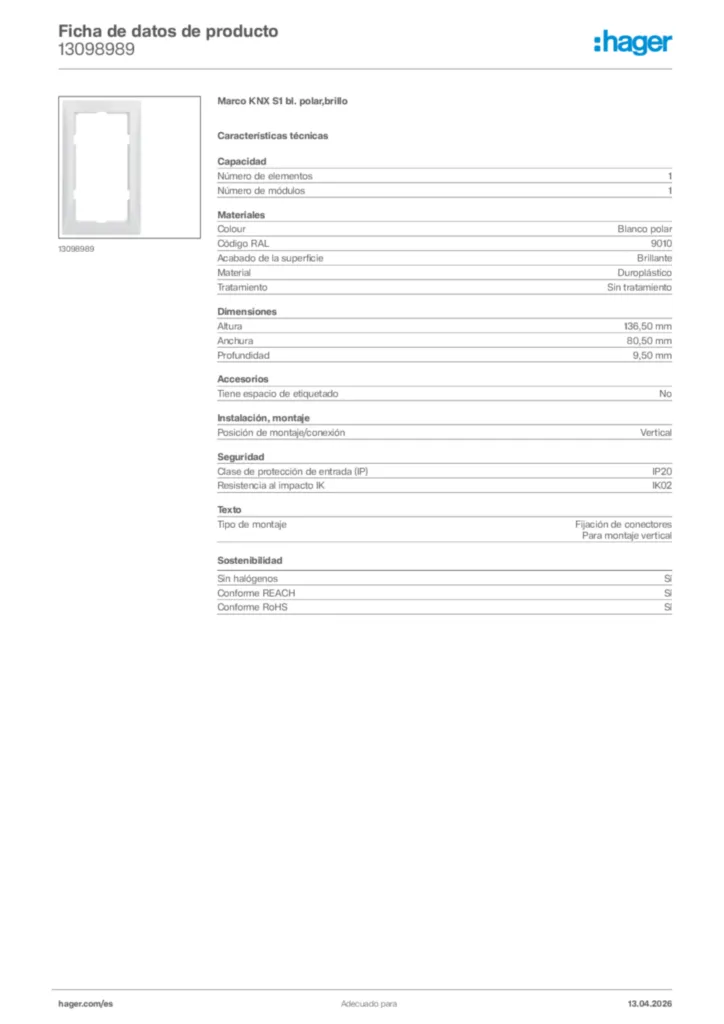 Imagen Hager Ficha de datos de producto 13098989 | Hager España