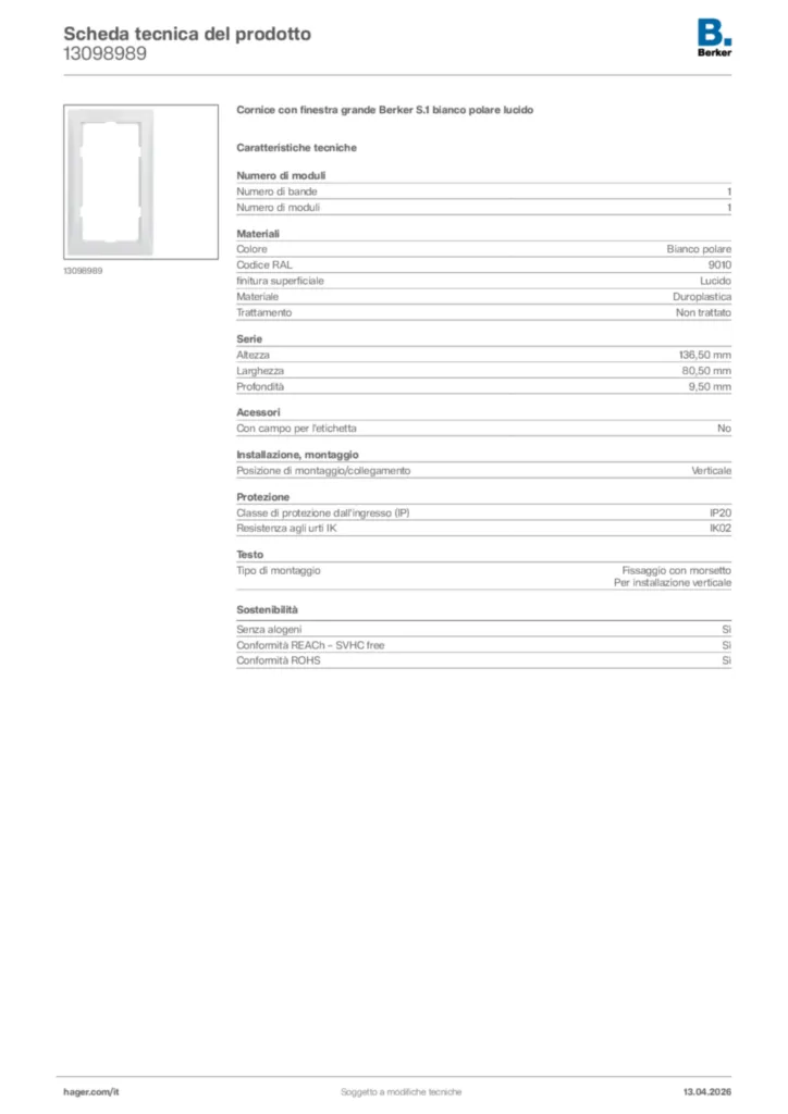 Immagine Berker Scheda tecnica del prodotto 13098989 | Hager Italia