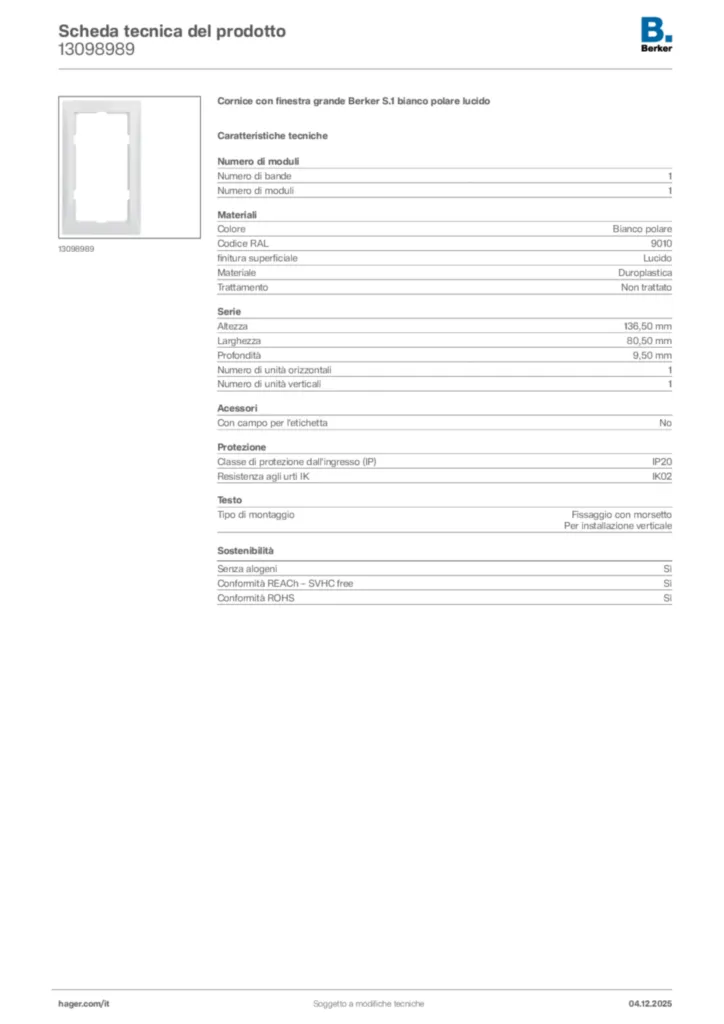 Immagine Berker Scheda tecnica del prodotto 13098989 | Hager Italia