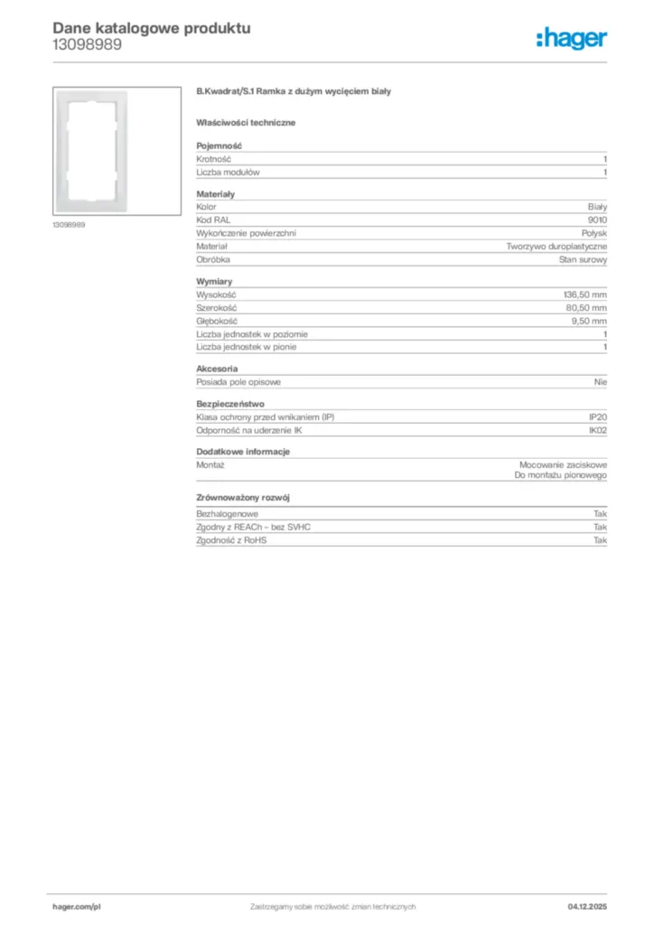 Zdjęcie Hager Dane katalogowe produktu 13098989 | Hager Polska