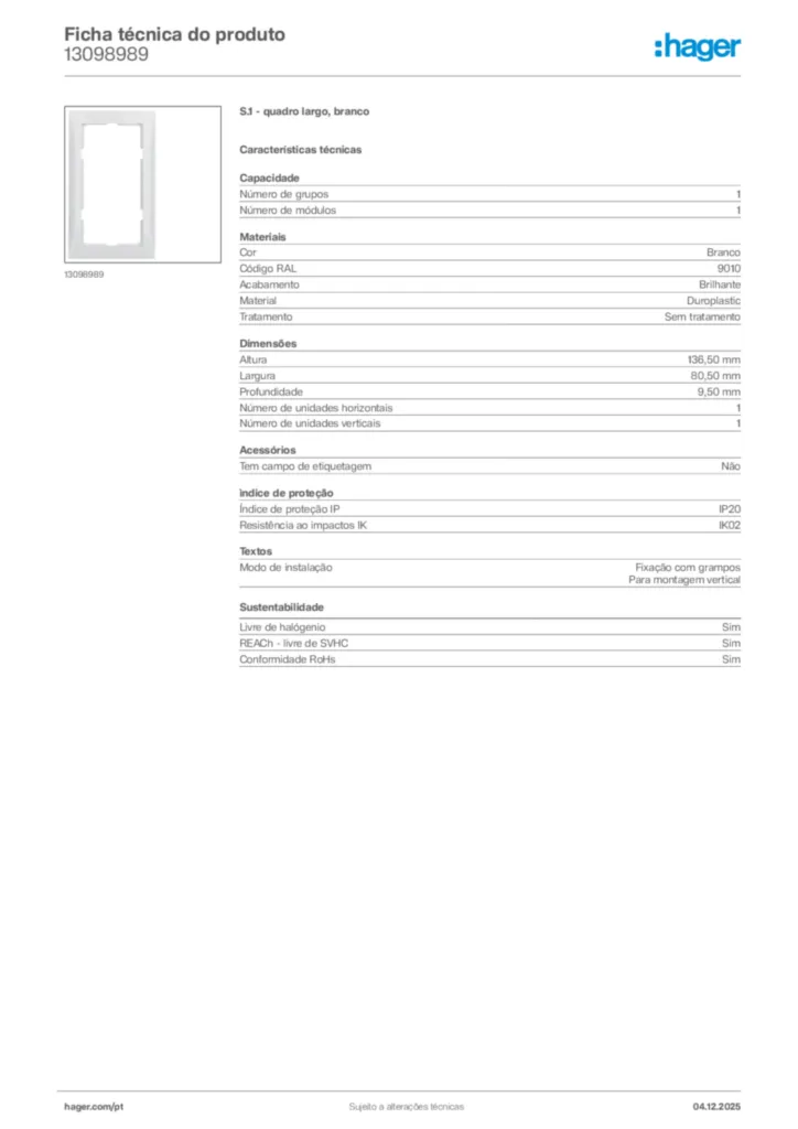Imagem Hager Ficha técnica do produto 13098989 | Hager Portugal