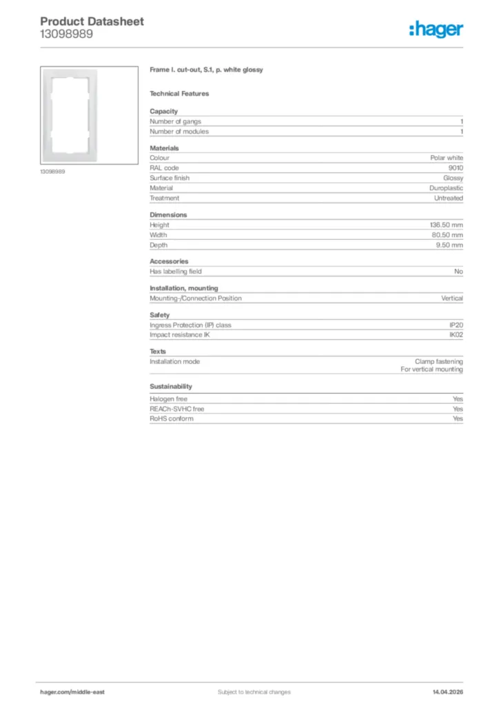 Image Hager Product data sheet 13098989  | Hager