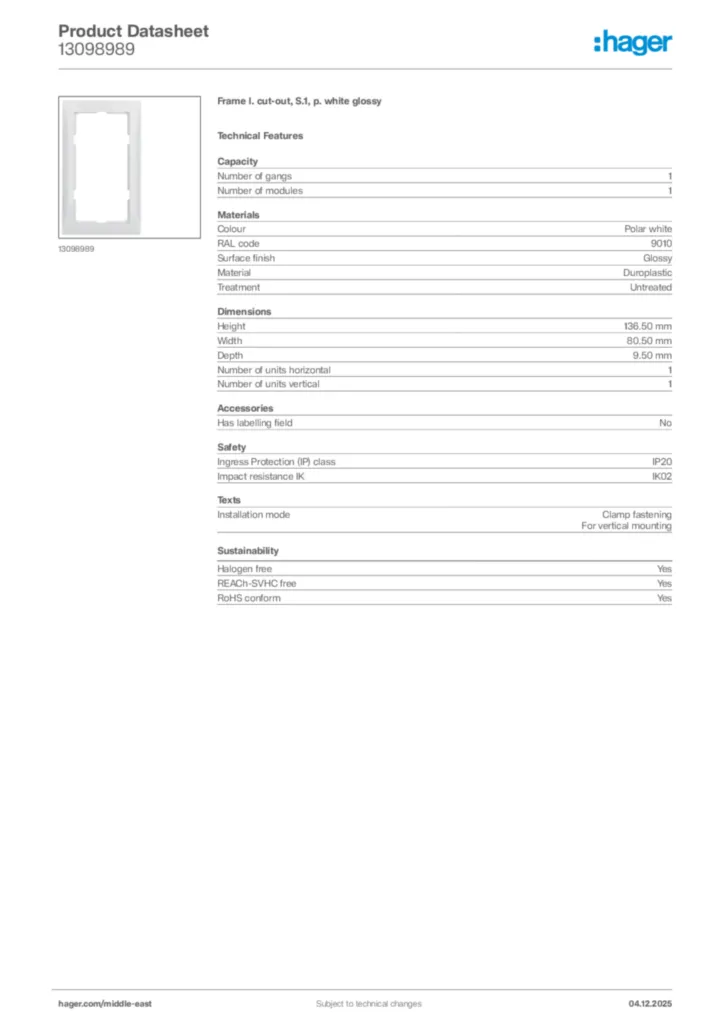 Image Hager Product data sheet 13098989  | Hager