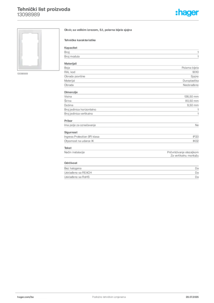 Slika Hager Product data sheet 13098989  | Hager