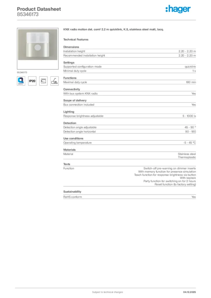 Image Hager Product data sheet 85346173  | Hager Africa