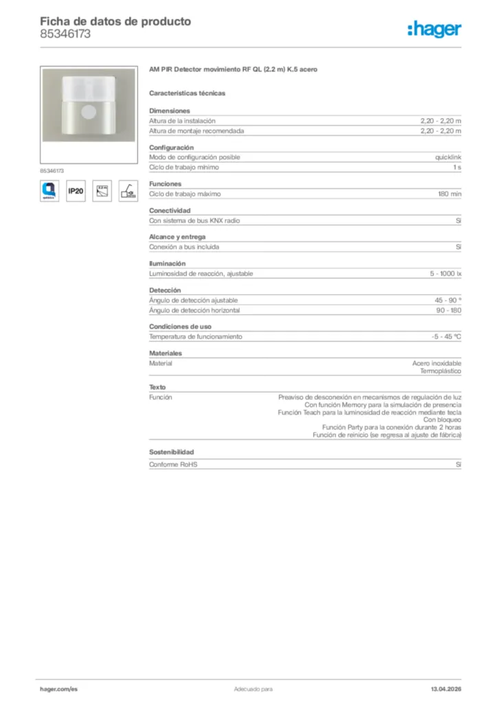 Imagen Hager Ficha de datos de producto 85346173 | Hager España