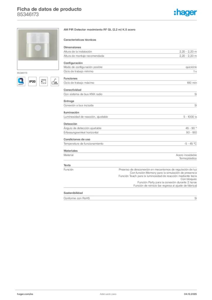 Imagen Hager Ficha de datos de producto 85346173 | Hager España