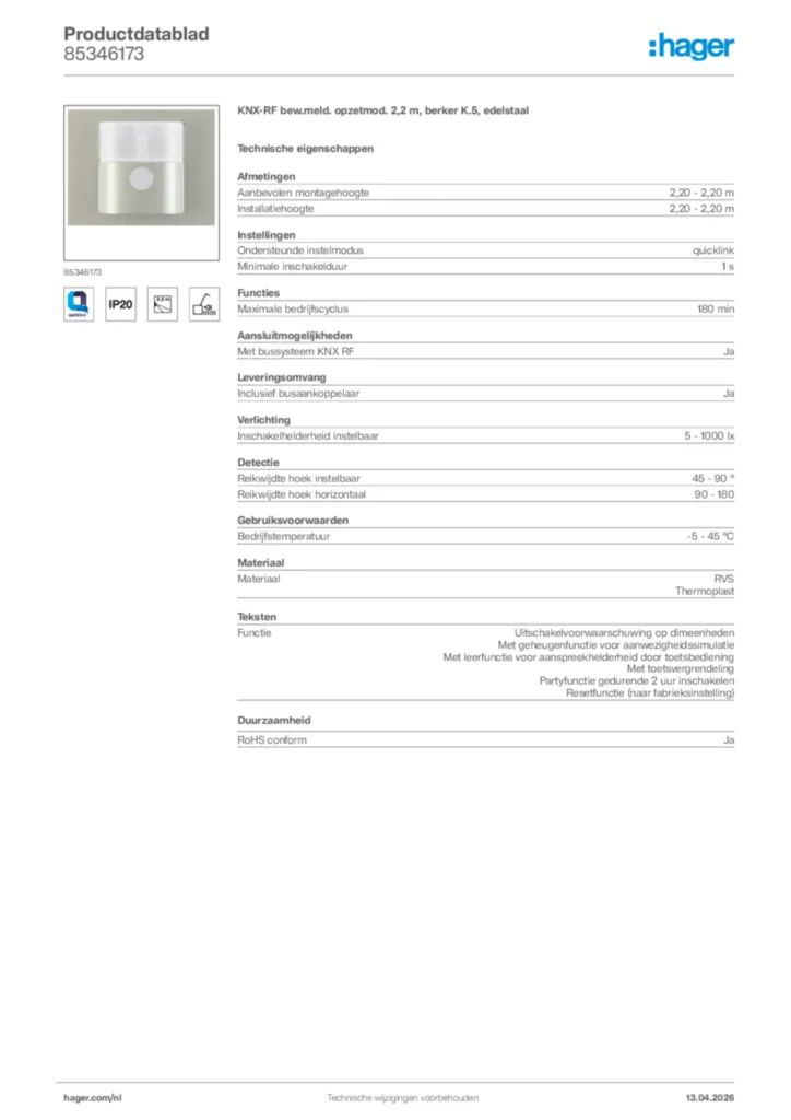 Afbeelding Hager Productdatablad 85346173 | Hager Nederland